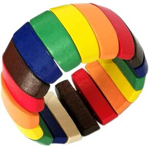 Multi-Colored Wooden Beads Stretch Bracelet Wide Chunky Bangle Bohemian Jewelry Wood Elastic Wristband for Women Girls-Brown