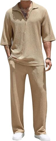 Men's 2 Piece Outfits Half Sleeve Collar Neck Shirts Tops and Long Pants Set Summer Outfits in Saudi Arabia
