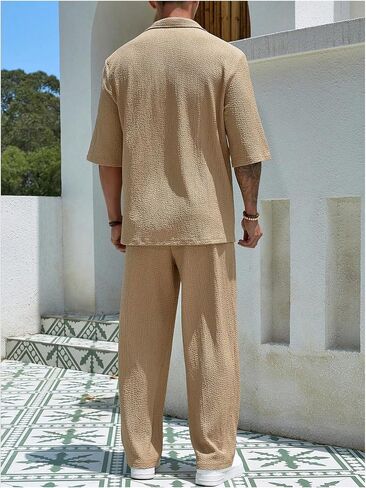 Men's 2 Piece Outfits Half Sleeve Collar Neck Shirts Tops and Long Pants Set Summer Outfits in Saudi Arabia