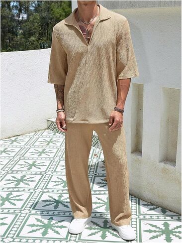 Men's 2 Piece Outfits Half Sleeve Collar Neck Shirts Tops and Long Pants Set Summer Outfits in Saudi Arabia