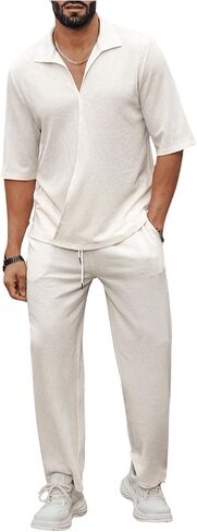 Men's 2 Piece Outfits Half Sleeve Collar Neck Shirts Tops and Long Pants Set Summer Outfits in Saudi Arabia