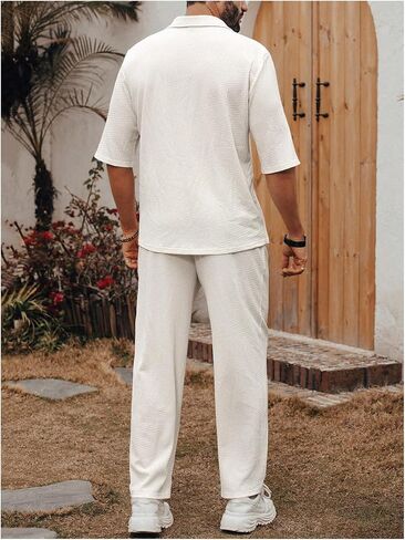 Men's 2 Piece Outfits Half Sleeve Collar Neck Shirts Tops and Long Pants Set Summer Outfits in Saudi Arabia