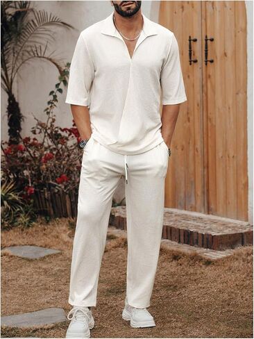 Men's 2 Piece Outfits Half Sleeve Collar Neck Shirts Tops and Long Pants Set Summer Outfits in Saudi Arabia