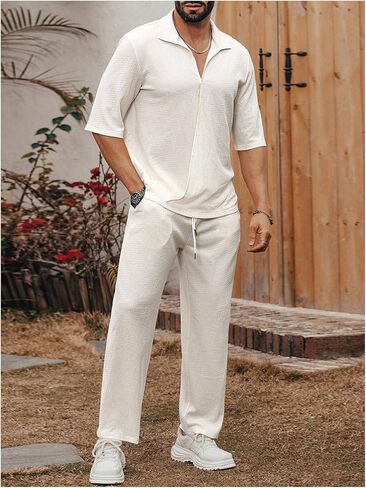 Men's 2 Piece Outfits Half Sleeve Collar Neck Shirts Tops and Long Pants Set Summer Outfits in Saudi Arabia