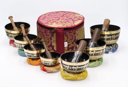 Tibetan Singing Bowl Set of 7 High Sided with Carry Box | Bells for Meditation and Yoga | Sound Therapy Instruments for Relaxation | Singing Bowl Meditation Set for Chakra Healing Gold in Saudi Arabia