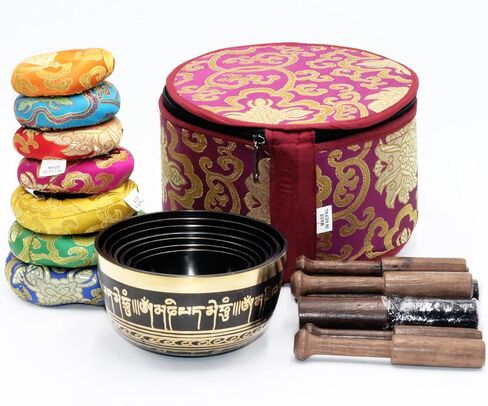 Tibetan Singing Bowl Set of 7 High Sided with Carry Box | Bells for Meditation and Yoga | Sound Therapy Instruments for Relaxation | Singing Bowl Meditation Set for Chakra Healing Gold in Saudi Arabia