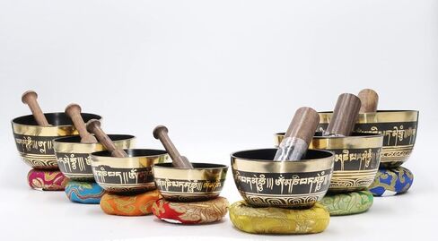 Tibetan Singing Bowl Set of 7 High Sided with Carry Box | Bells for Meditation and Yoga | Sound Therapy Instruments for Relaxation | Singing Bowl Meditation Set for Chakra Healing Gold in Saudi Arabia