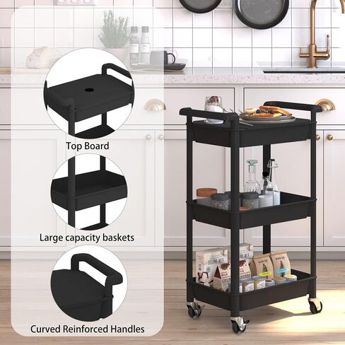 3-Tier Utility Rolling Cart with Cover Top Board, Mobile Utility Cart with Lockable Casters Multi-Functional Storage Trolley for Office, Bathroom, Kitchen, Garden, Laundry Room in Saudi Arabia