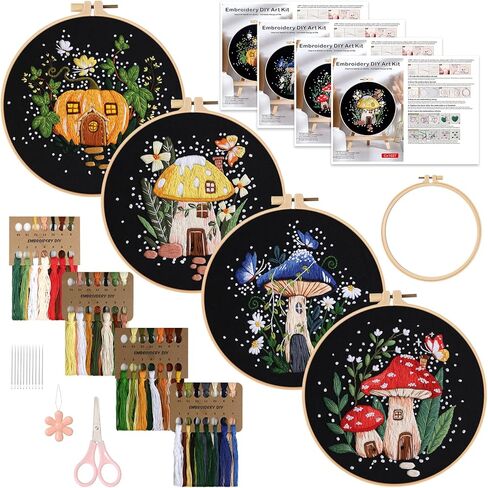 Dremisland 4 Sets Embroidery Kit for Beginners Adults Mushroom and Flower Embroidery Kit Cross Stitch Starter Kits DIY Mushroom Embroidery Kits with Instructions (Mushroom) in Saudi Arabia