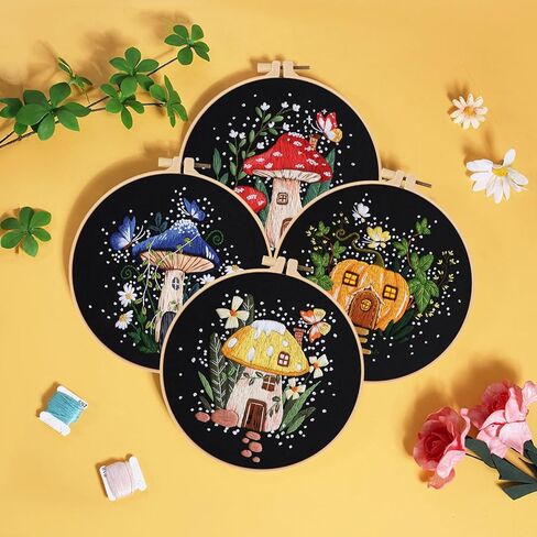 Dremisland 4 Sets Embroidery Kit for Beginners Adults Mushroom and Flower Embroidery Kit Cross Stitch Starter Kits DIY Mushroom Embroidery Kits with Instructions (Mushroom) in Saudi Arabia