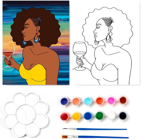 Paint and Sip Kit Pre Drawn Canvas to Paint for Adults Afro Lady Theme Sip and Paint Kit Girl's Party Supplies for Galentine's Day(8x10 Inch) in Saudi Arabia