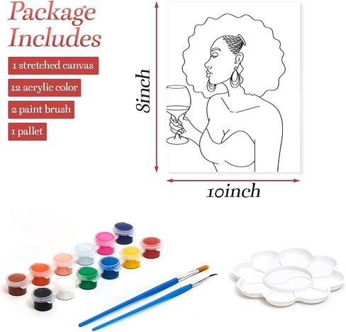 Paint and Sip Kit Pre Drawn Canvas to Paint for Adults Afro Lady Theme Sip and Paint Kit Girl's Party Supplies for Galentine's Day(8x10 Inch) in Saudi Arabia