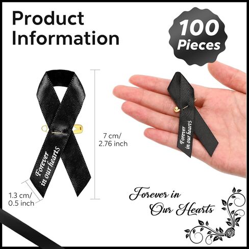 100 Pcs Funeral Ribbons Memorial Ribbon Funeral Pins Classic Memorial Service Respect Meditation Personalized Ribbon Bow with Safety Pins for Mourning Remembrance Day Funeral Event in Saudi Arabia