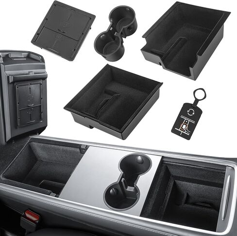 5PCS 2024 Model Y Front + Rear Flocked Center Console Organizer Tray Armrest Hidden Storage Box Cup Holder Silicone Key Card Holder for 2021-2024 New Tesla Model Y Accessories in Kuwait
