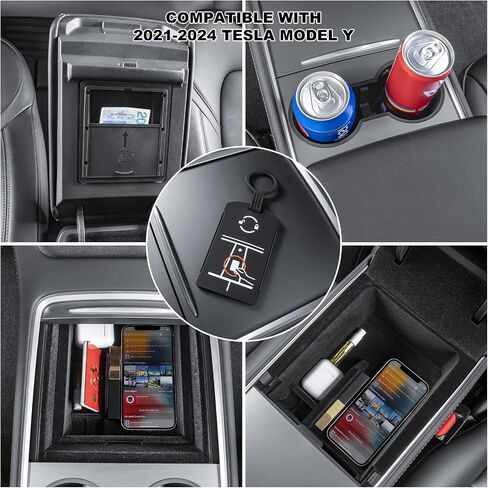 5PCS 2024 Model Y Front + Rear Flocked Center Console Organizer Tray Armrest Hidden Storage Box Cup Holder Silicone Key Card Holder for 2021-2024 New Tesla Model Y Accessories in Kuwait