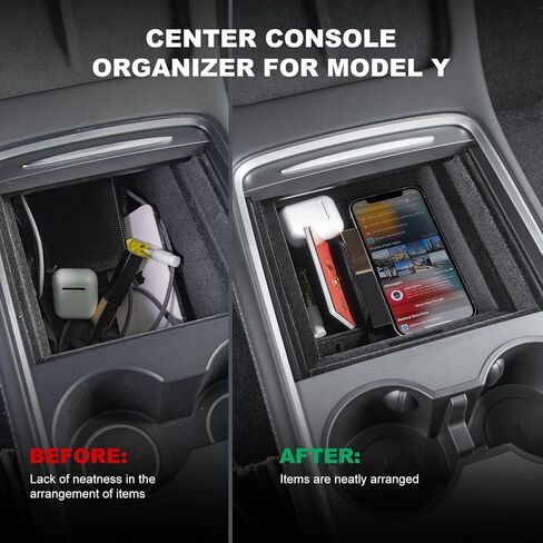 5PCS 2024 Model Y Front + Rear Flocked Center Console Organizer Tray Armrest Hidden Storage Box Cup Holder Silicone Key Card Holder for 2021-2024 New Tesla Model Y Accessories in Kuwait