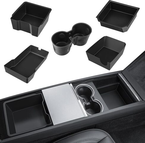 5PCS 2024 Model Y Front + Rear Flocked Center Console Organizer Tray Armrest Hidden Storage Box Cup Holder Silicone Key Card Holder for 2021-2024 New Tesla Model Y Accessories in Kuwait