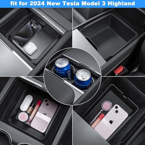 5PCS 2024 Model Y Front + Rear Flocked Center Console Organizer Tray Armrest Hidden Storage Box Cup Holder Silicone Key Card Holder for 2021-2024 New Tesla Model Y Accessories in Kuwait
