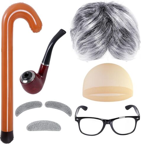 زي شعر مستعار للرجل العجوز باللون الرمادي مكون من 7 قطع من إكسسوارات فستان الجد، مجموعات تنكرية للمدرسة لمدة 100 يوم لحفلات الهالوين in Kuwait