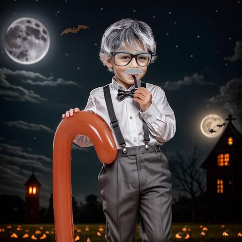 زي شعر مستعار للرجل العجوز باللون الرمادي مكون من 7 قطع من إكسسوارات فستان الجد، مجموعات تنكرية للمدرسة لمدة 100 يوم لحفلات الهالوين in Kuwait