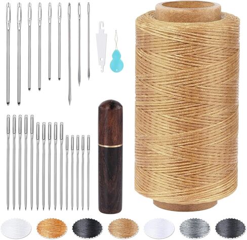 Leather Upholstery Sewing Waxed Thread, 273 Yards 150D Off-White Waxed Cord Set, 0.8mm Leather Wax String Set with 24 Hand Sewing Needles, Heavy Duty Sewing Kit for Bookbinding, Leather Sewing in Saudi Arabia