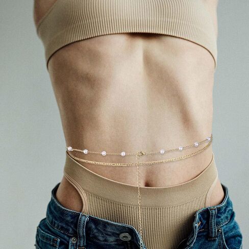 2 Pcs Waist Chain Summer Belly Chain Multilayer Pearl Body Jewelry Gold Plated Adjustable Bikini Accessories for Beach Navel-Baring Outfits Sexy Women 26-36 Inch in Saudi Arabia
