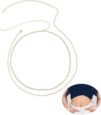 2 Pcs Waist Chain Summer Belly Chain Multilayer Pearl Body Jewelry Gold Plated Adjustable Bikini Accessories for Beach Navel-Baring Outfits Sexy Women 26-36 Inch in Saudi Arabia