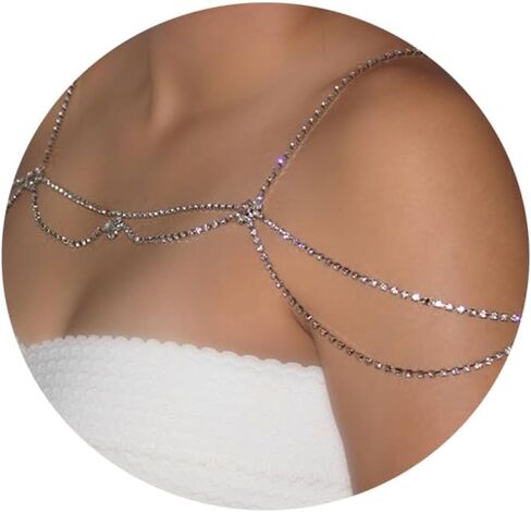 Rhinestone Shoulder Body Chain Jewelry,Multi-Layered Flower Rhinestone Bridal Back Chain Necklace Sexy Festival Rave Crystal Shoulder Chain Wedding Backdrop Jewelry for Women in Kuwait