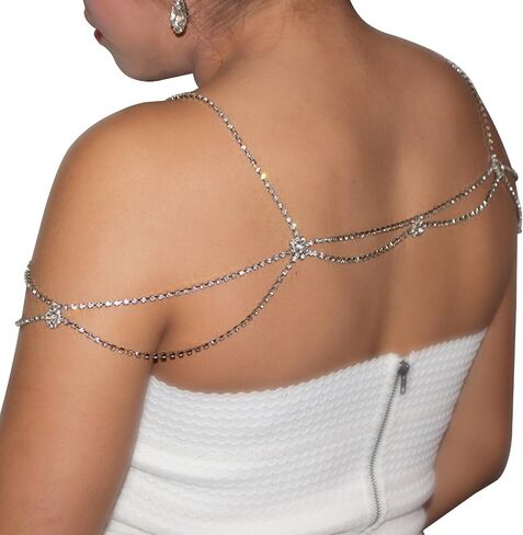 Rhinestone Shoulder Body Chain Jewelry,Multi-Layered Flower Rhinestone Bridal Back Chain Necklace Sexy Festival Rave Crystal Shoulder Chain Wedding Backdrop Jewelry for Women in Kuwait