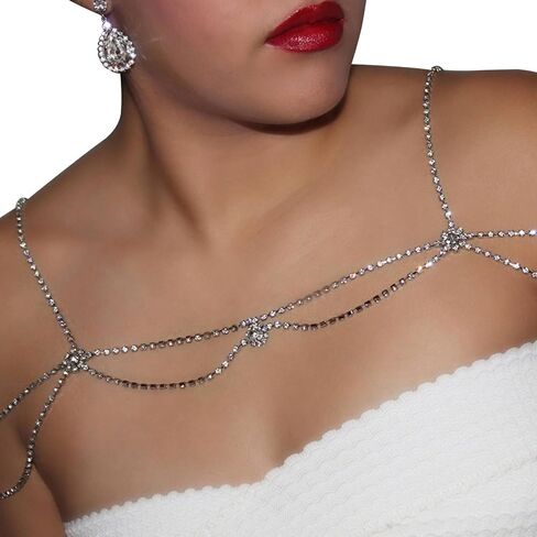 Rhinestone Shoulder Body Chain Jewelry,Multi-Layered Flower Rhinestone Bridal Back Chain Necklace Sexy Festival Rave Crystal Shoulder Chain Wedding Backdrop Jewelry for Women in Kuwait
