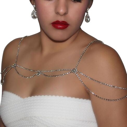 Rhinestone Shoulder Body Chain Jewelry,Multi-Layered Flower Rhinestone Bridal Back Chain Necklace Sexy Festival Rave Crystal Shoulder Chain Wedding Backdrop Jewelry for Women in Kuwait