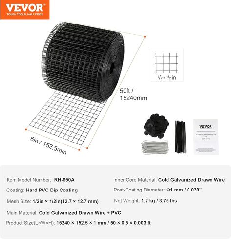 VEVOR Solar Panel Bird Guard 6inch PVC Coated Mesh Roll Kit, Critter Fence,Pigeon Proofing, Black, 6in x 98ft with 100pcs Fasteners, 50pcs Tie Wires in Kuwait