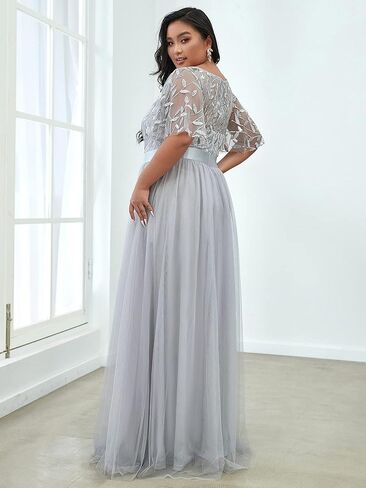 Ever-Pretty Women's Round Neck Short Sleeves Plus Size A-Line Tulle Sequin Formal Evening Dresses 0904-DA2 in Kuwait