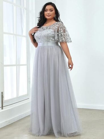 Ever-Pretty Women's Round Neck Short Sleeves Plus Size A-Line Tulle Sequin Formal Evening Dresses 0904-DA2 in Kuwait