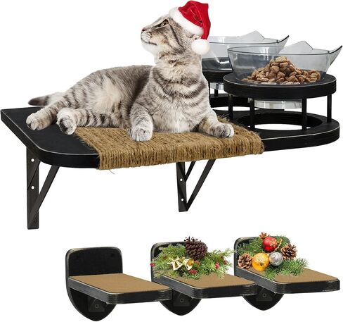 Cat Hammock Cat Wall Shelves with 3 Steps, Cat Shelves and Perches with 2 Cat Food Shelf, Cat Climbing Shelf Cat Scratching Post Cat Wall Shelf for Indoor, Cat Steps with Plush Covered, Gift for Cat in Kuwait