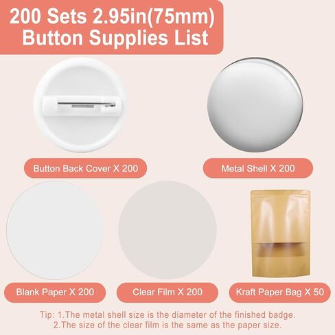 Hicdaw 200 Sets of 58mm(2.25 in) Button Maker Supplies for Button Maker Machine, Includes Blank Button Badge Parts, Metal Caps, Metal Cover, Clear Film, and Blank Paper for Pin Maker Machine in Saudi Arabia