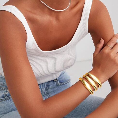 CASSIECA Chunky Gold Bangles for Women 18K Gold Plated Stretch Bangles Bracelets Set 3PCS Chunky Titanium Non Tarnish Flexible Wide Wristband Bracelets Set in Saudi Arabia