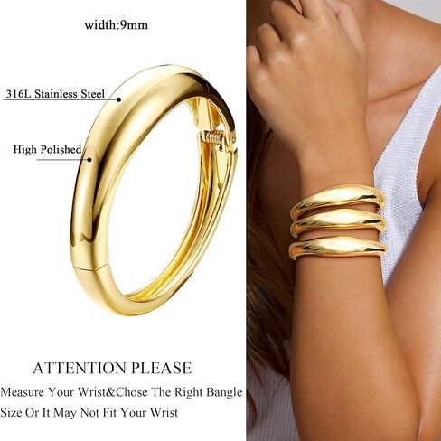 CASSIECA Chunky Gold Bangles for Women 18K Gold Plated Stretch Bangles Bracelets Set 3PCS Chunky Titanium Non Tarnish Flexible Wide Wristband Bracelets Set in Saudi Arabia