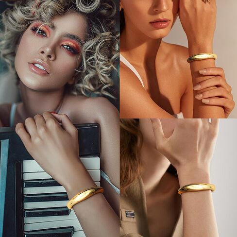 CASSIECA Chunky Gold Bangles for Women 18K Gold Plated Stretch Bangles Bracelets Set 3PCS Chunky Titanium Non Tarnish Flexible Wide Wristband Bracelets Set in Saudi Arabia