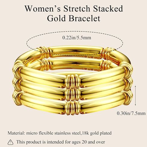 CASSIECA Chunky Gold Bangles for Women 18K Gold Plated Stretch Bangles Bracelets Set 3PCS Chunky Titanium Non Tarnish Flexible Wide Wristband Bracelets Set in Saudi Arabia