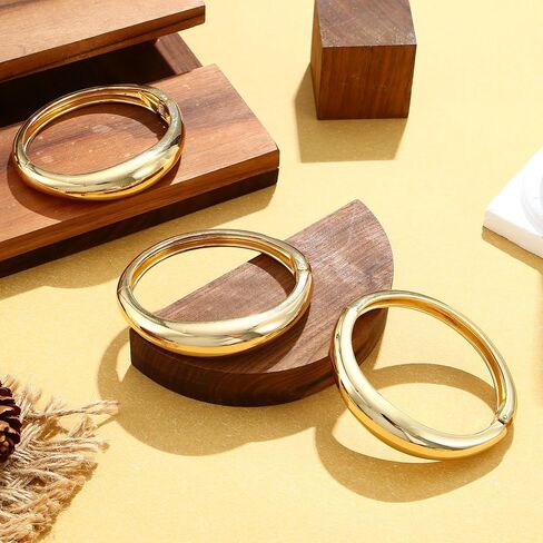 CASSIECA Chunky Gold Bangles for Women 18K Gold Plated Stretch Bangles Bracelets Set 3PCS Chunky Titanium Non Tarnish Flexible Wide Wristband Bracelets Set in Saudi Arabia