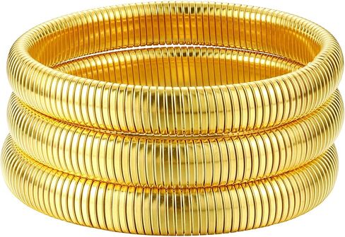 CASSIECA Chunky Gold Bangles for Women 18K Gold Plated Stretch Bangles Bracelets Set 3PCS Chunky Titanium Non Tarnish Flexible Wide Wristband Bracelets Set in Saudi Arabia