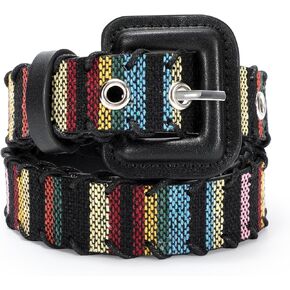 Woven Multicolor Belt for Women Boho Waist Belt with Square Buckle