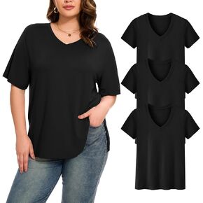 HLTPRO 3 Pack Women's Plus Size V Neck T-Shirt Black Casual Short Sleeve Tees Loose Fit Soft Tops for Gym Workout S - 3XL