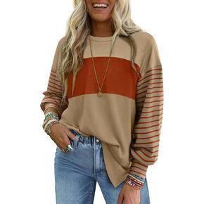 OFEEFAN Lightweight Long Sleeve Shirts for Women Fall Fashion 2024 Colorblock Crew Neck tops Loose Fit Striped Shirt