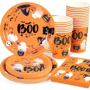Halloween Party Supplies Halloween Plates Napkins and Cups Party Dinnerware Halloween Ghost Boo Paper Plates for Halloween Birthday Party Decorations, Serves 25