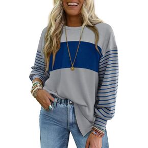 OFEEFAN Lightweight Long Sleeve Shirts for Women Fall Fashion 2024 Colorblock Crew Neck tops Loose Fit Striped Shirt