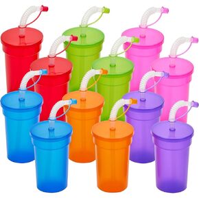 Neon Sipper Cups - 12 Oz. - Colorful, Spill-Proof Cups with Lids and Straws - Ideal for School Events, Themed Parties, and Birthday Celebrations - Party Supplies | 12 Pack