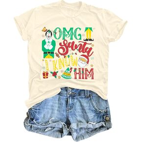 Christmas Friends Shirt Women OMG Santa I Know him Funny Xmas Holiday T-Shirt Movies Novelty Graphic Short Sleeve Top Tee