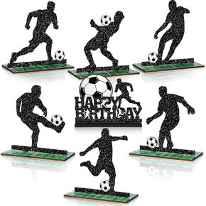 Geetery 7 Pcs Soccer Table Top Decorations Centerpieces Soccer Ball Happy Birthday Wooden Signs Soccer Player Silhouette Detachable Gifts for Football Fans Club Sports Theme Party Supplies